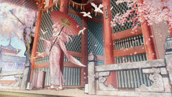 Rule 34 | 1girl, bird, blue eyes, building, cherry blossoms, hair ornament, highres, japanese clothes, kimono, kyoto, long hair, luggage, obi, oil-paper umbrella, open hand, open mouth, original, outdoors, pink footwear, pink hair, pink kimono, raindrop.tw, sandals, sash, scenery, solo, standing, stone floor, tree, umbrella, white legwear