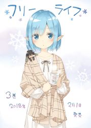 Rule 34 | 1boy, 1girl, blue eyes, blue hair, blush, cup, elf, eyes visible through hair, free life, highres, kani biimu, looking at viewer, mini person, miniboy, nose bubble, pointy ears, sayama takahiro, short hair, simple background, snowflake background, solo focus, steam, translated, white background, yumiel