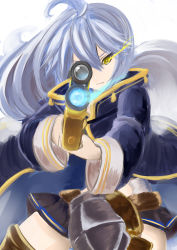 Rule 34 | 10s, 1girl, absurdres, ahoge, aiming, aiming at viewer, belt, black skirt, boots, brown thighhighs, closed mouth, coat, glowing, glowing eye, granblue fantasy, gun, hair between eyes, highres, holding, holding gun, holding weapon, long hair, long sleeves, looking at viewer, miniskirt, no lineart, open clothes, open coat, pleated skirt, rifle, silva (granblue fantasy), silver hair, simple background, sin (kami148), skirt, solo, thigh boots, thighhighs, weapon, white background, wide sleeves, yellow eyes, yellow pupils, zettai ryouiki