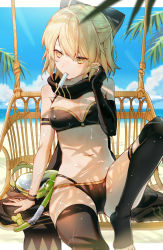 Rule 34 | 1girl, ahoge, armband, asymmetrical gloves, asymmetrical legwear, beach, bikini, black bikini, black bow, black gloves, black legwear, black scarf, blonde hair, blue sky, bow, breasts, cleavage, cloud, commentary request, day, fate/grand order, fate (series), fingerless gloves, food, gloves, hair between eyes, hair bow, highleg, highres, large breasts, navel, ocean, okita j. souji (fate), okita j. souji (first ascension) (fate), okita souji (fate), okita souji (koha-ace), on bench, palms, penda (hipanan222), popsicle, scarf, short hair, single glove, sitting, skindentation, sky, smile, solo, swimsuit, thigh strap, toeless legwear, uneven gloves, uneven legwear, yellow eyes