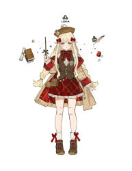Rule 34 | 1girl, bag, bare legs, black bow, blonde hair, blush, book, bottle, bow, braid, brown bag, brown footwear, brown hat, buttons, constellation, cross-laced footwear, doll joints, feathers, gem, grey eyes, hair bow, hand up, hat, holding, holding wand, ink bottle, jacket, joints, libra (constellation), libra (symbol), libra (zodiac), long hair, long sleeves, looking ahead, looking at viewer, open mouth, original, paper, plaid, plaid bow, plaid skirt, red bow, red gemstone, school uniform, skirt, socks, sparkle, star (symbol), starshadowmagician, twin braids, uniform, vest, wand, white background, white gemstone, white socks, zodiac