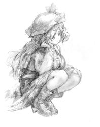 Rule 34 | 1girl, binayu, boots, breasts, female focus, full body, greyscale, hat, large breasts, long hair, monochrome, silent sinner in blue, sketch, solo, touhou, watatsuki no toyohime, white background