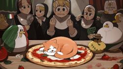 Rule 34 | 4girls, bird, blonde hair, blue eyes, body writing, brown eyes, brown hair, cat, chicken, clumsy nun (diva), commentary, diva (hyxpk), duck, empty eyes, english commentary, food, froggy nun (diva), goose, habit, highres, hungry nun (diva), italian flag, little nuns (diva), multiple girls, nun, pizza, pizza cutter, sleeping, spicy nun (diva), star ornament, tomato, traditional nun, triangle mouth, yellow eyes