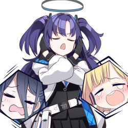 Rule 34 | 3girls, aris (blue archive), belt, black gloves, black hair, black jacket, black skirt, blonde hair, blue archive, blue necktie, closed eyes, crying, gloves, hair between eyes, halo, jacket, long sleeves, momoi (blue archive), multiple girls, necktie, o (rakkasei), open clothes, open jacket, open mouth, parted bangs, pleated skirt, puffy long sleeves, puffy sleeves, purple hair, simple background, skirt, sweat, tearing up, tears, twintails, two side up, v-shaped eyebrows, wavy mouth, white background, white jacket, x arms, yuuka (blue archive)