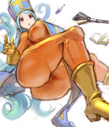 Rule 34 | 1girl, ass, bodysuit, breasts, dragon quest, dragon quest iii, from below, gloves, hat, kazo (kazozakazo), large breasts, looking at viewer, looking down, mitre, parted lips, priest (dq3), red eyes, solo, thick thighs, thighs, yellow footwear, yellow gloves