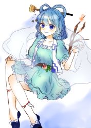 Rule 34 | 1girl, absurdres, aiko ichigocchi, bad id, bad twitter id, blue dress, blue eyes, blue hair, blush, breasts, closed mouth, collarbone, commentary request, dress, floating, flower, foot out of frame, hagoromo, hair ornament, hair rings, hair stick, hand up, highres, kaku seiga, looking at viewer, medium breasts, petticoat, pink flower, puffy short sleeves, puffy sleeves, shawl, short hair, short sleeves, simple background, smile, solo, touhou, vest, white background, white vest
