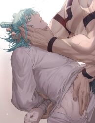 Rule 34 | 2boys, bandaged arm, bandages, blue hair, gradient background, hand on another&#039;s face, hand on another&#039;s head, hand on another&#039;s stomach, highres, jujutsu kaisen, kashimo hajime, long sleeves, looking at another, male focus, medium hair, multiple boys, muscular, muscular male, pants, papagro12, ryoumen sukuna (true form) (jujutsu kaisen), shirt, veins, white background, white pants, white shirt