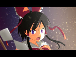 Rule 34 | 1girl, angry, anime coloring, bare shoulders, black hair, blurry, bow, cato (monocatienus), d:, d:&lt;, depth of field, gohei, hair bow, hair ribbon, hair tubes, hakurei reimu, letterboxed, looking at viewer, open mouth, purple eyes, ribbon, short hair with long locks, sidelocks, solo, touhou, v-shaped eyebrows