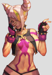 Rule 34 | 1girl, alternate color, bracelet, crop top, fingerless gloves, gloves, grey background, hair horns, han juri, hungry clicker, jewelry, multicolored hair, navel, player 2, revealing clothes, simple background, solo, spiked bracelet, spikes, stomach, streaked hair, street fighter, street fighter 6, upper body, v, white hair