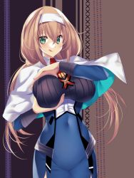 Rule 34 | 1girl, blonde hair, blue dress, breasts, capelet, dress, earrings, green eyes, hair behind ear, hairband, highres, jewelry, large breasts, long hair, low twintails, military, military uniform, mitsuba greyvalley, necktie, red necktie, short necktie, solo, super robot wars, super robot wars 30, tajima yoshikazu, triangle earrings, twintails, uniform, white capelet, white hairband