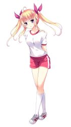 Rule 34 | 1girl, absurdres, ahoge, arms behind back, blonde hair, blue eyes, bow, floating hair, full body, game cg, gym uniform, hair between eyes, hair bow, hibiki otoha, highres, kneehighs, long hair, mutou kurihito, official art, ojou-sama wa gokigen naname, open mouth, red bow, red shorts, shirt, shoes, short shorts, short sleeves, shorts, sneakers, socks, solo, standing, tachi-e, transparent background, triangle mouth, twintails, white footwear, white shirt, white socks