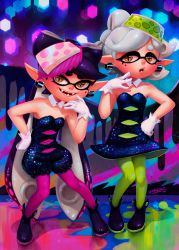 Rule 34 | + +, 2girls, bare arms, black hair, breasts, callie (splatoon), cleavage, cousins, dress, earrings, fangs, full body, gloves, green legwear, hand on own hip, highres, hoop earrings, idfer, jewelry, looking at viewer, marie (splatoon), mask, mole, mole under eye, multiple girls, nintendo, open mouth, pantyhose, pink legwear, pointy ears, short eyebrows, silver hair, small breasts, smile, standing, strapless, strapless dress, symbol-shaped pupils, teeth, tentacles, white gloves, yellow eyes
