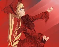 Rule 34 | 1girl, aqua eyes, blonde hair, bonnet, bow, capelet, dress, drill hair, expressionless, long hair, looking afar, outstretched arms, parted lips, red dress, rozen maiden, shinku, solo, spread arms, taaki (taki0123), twintails, very long hair