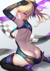 Rule 34 | 1girl, alternate costume, alternate eye color, arm strap, arm up, ass, back, backless outfit, bare back, black thighhighs, blonde hair, blurry, blurry background, blush, bodysuit, boots, breasts, brick (atelier brick), butt crack, checkered flag, elbow gloves, flag, genshin impact, gloves, grin, hand on own head, high heels, jean (genshin impact), long hair, median furrow, medium breasts, parted lips, ponytail, purple eyes, race queen, shoulder blades, sitting, smile, solo, text print, thigh boots, thighhighs, thighs, wariza