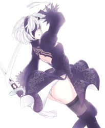 Rule 34 | 1girl, ass, black dress, blindfold, breasts, cleavage cutout, clothing cutout, dress, hairband, kicchan, looking back, medium breasts, nier (series), nier:automata, panties, pantyhose, puffy sleeves, short hair, solo, sword, thighhighs, two-sided fabric, two-sided skirt, underwear, weapon, white hair, 2b (nier:automata)