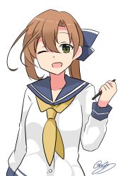Rule 34 | 1girl, absurdres, akigumo (kancolle), blue ribbon, blue sailor collar, brown hair, commentary request, cosplay, green eyes, hair between eyes, hair ribbon, highres, holding, holding pen, kantai collection, long hair, long sleeves, looking at viewer, noruren, one eye closed, open mouth, pen, ponytail, ribbon, sailor collar, school uniform, serafuku, shirt, signature, simple background, sleeve cuffs, smile, solo, white background, white shirt, yellow neckwear, yukikaze (kancolle), yukikaze (kancolle) (cosplay)