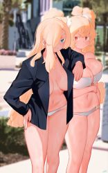 Rule 34 | 2girls, bikini, bikini bottom only, black shirt, blonde hair, blue eyes, blurry, blurry background, blush, breasts, cleavage, closed mouth, commentary, depth of field, english commentary, hair over one eye, hand on own hip, highres, jitome, large breasts, legs together, long hair, looking at viewer, miami-chan (ryusei hashida), mofu mofuko (ryusei hashida), multiple girls, navel, no bra, one eye covered, open clothes, open shirt, original, outdoors, red eyes, ryusei hashida, shirt, simple background, smile, standing, swimsuit, twintails, very long hair, wet, white background, white bikini