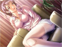 Rule 34 | 1girl, breasts, cleavage, couch, crossed legs, dutch angle, earrings, game cg, ijichi miho, jewelry, large breasts, legs, lipstick, makeup, mature female, nakamura nishiki, necklace, pantyhose, pencil skirt, pink eyes, pink hair, ponytail, purple hair, sitting, skirt, sodom no shima, sodom no shima: night of blind, solo, thighband pantyhose, white pantyhose