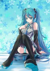 Rule 34 | 1girl, aqua eyes, aqua hair, boots, detached sleeves, female focus, gradient background, hand on own chest, hatsune miku, jianren, long hair, necktie, panties, pantyshot, reflection, sitting, skirt, solo, striped clothes, striped panties, thigh boots, thighhighs, twintails, underwear, very long hair, vocaloid