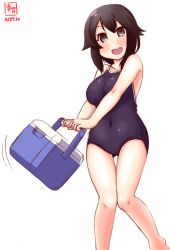 Rule 34 | 1girl, alternate costume, artist logo, black hair, blue one-piece swimsuit, blush, breasts, brown eyes, collarbone, cooler, covered navel, cowboy shot, dated, feet out of frame, gluteal fold, grey eyes, hair between eyes, hayasui (kancolle), highres, holding, kanon (kurogane knights), kantai collection, large breasts, looking at viewer, new school swimsuit, one-piece swimsuit, open mouth, school swimsuit, short hair, signature, simple background, smile, solo, swimsuit, white background
