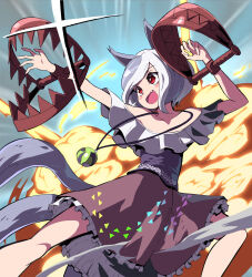 Rule 34 | 1girl, animal ears, blush, breasts, collarbone, commentary request, explosion, fang, bear trap, grey hair, highres, jewelry, looking at viewer, looking to the side, medium hair, mitsugashira enoko, necklace, open mouth, paw pose, red eyes, simple background, small breasts, smoke, syope, tail, touhou, unfinished dream of all living ghost, weapon