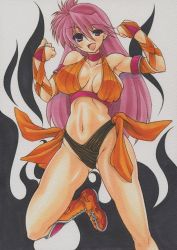 Rule 34 | 1girl, alternate costume, boots, breasts, breasts apart, cleavage, large breasts, long hair, looking at viewer, marker (medium), mighty yukiko, millipen (medium), open mouth, pink hair, purple eyes, revealing clothes, smile, solo, traditional media, wrestle angels, wrestle angels survivor, yutakasan-love