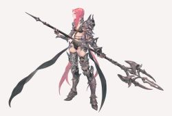 Rule 34 | 1girl, armor, bikini, black bikini, black thighhighs, closed mouth, collarbone, eyeshadow, gradient background, greaves, grey background, heart, highres, holding, holding polearm, holding spear, holding weapon, long hair, makeup, original, pauldrons, pink eyes, pink eyeshadow, pink hair, polearm, shoulder armor, solo, spear, standing, swimsuit, thighhighs, trident, vambraces, very long hair, weapon, yuho kim