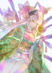 Rule 34 | 1girl, absurdres, adapted costume, blush, breasts, cleavage, closed mouth, dragon horns, fate/grand order, fate (series), floral print, flower, green kimono, hair ornament, hand fan, highres, holding, holding fan, horns, japanese clothes, kimono, kiyohime (fate), long hair, long sleeves, looking at viewer, multiple horns, natsujiru, obi, revision, sash, short kimono, sidelocks, smile, thighs, white hair, wide sleeves, yellow eyes