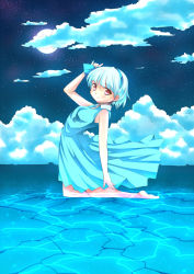 Rule 34 | 1girl, adapted costume, alternate hairstyle, bare arms, bare legs, bare shoulders, barefoot, blue bow, blue hairband, blush, bow, closed mouth, cloud, cloudy sky, collar, collared dress, commentary request, dress, full moon, green dress, hair bow, hairband, highres, ikuya@, in water, kneeling, konpaku youmu, looking at viewer, moon, moonlight, night, ocean, red eyes, short hair, silver hair, sky, sleeveless, sleeveless dress, solo, touhou, white collar