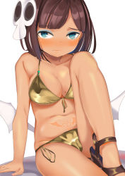 Rule 34 | 1girl, arm support, bare arms, bare legs, bare shoulders, bikini, blue eyes, blush, breasts, brown bikini, brown footwear, brown hair, cameltoe, cleavage, closed mouth, collarbone, commentary request, dark-skinned female, dark skin, fang, fang out, front-tie bikini top, front-tie top, hair ornament, heart, high heels, highres, knee up, looking at viewer, low wings, medium breasts, mole, mole on breast, navel, original, pubic tattoo, sandals, side-tie bikini bottom, sitting, skull hair ornament, solo, surio, swimsuit, tattoo, wavy mouth, white background, white wings, wings