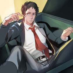 Rule 34 | 1boy, adachi tooru, black hair, dumpster, formal, grey eyes, jacket, looking at viewer, magatsumagic, male focus, messy hair, necktie, open clothes, open jacket, parted lips, persona, persona 4, red necktie, solo, suit