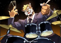 Rule 34 | 1boy, :d, alternate costume, animal ears, artist request, bara, drumming, drumsticks, facial hair, formal, furry, furry male, goatee, hands up, head tilt, highres, holding, holding drumsticks, jaguar boy, jaguar ears, looking at viewer, male focus, mature male, motion blur, open mouth, original, romg, romg the jaguar, sanpaku, short hair, smile, solo, suit, thick eyebrows, upper body