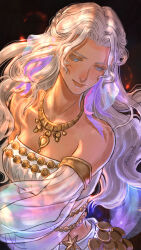 Rule 34 | 1girl, alternate costume, artist name, athena-erocith, bandeau, bare shoulders, black background, blue eyes, braid, collarbone, commentary, dancer (final fantasy), detached sleeves, english commentary, final fantasy, final fantasy xiv, half up braid, highres, jewelry, long hair, looking down, neck ring, see-through, see-through sleeves, signature, single braid, smile, solo, upper body, venat (ff14), wavy hair, white bandeau, white hair, white sleeves