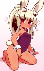 Rule 34 | 1girl, :o, animal ear fluff, animal ears, arm support, bare legs, bare shoulders, barefoot, belt collar, blonde hair, blush, breasts, collar, commentary request, dark-skinned female, dark skin, fake animal ears, full body, gradient background, heart, heart-shaped pupils, highres, leotard, long hair, looking at viewer, naga u, original, parted lips, pink background, playboy bunny, purple leotard, rabbit ears, rabbit girl, rabbit tail, red collar, red eyes, shadow, sidelocks, simple background, small breasts, solo, strapless, strapless leotard, symbol-shaped pupils, tail, tan, white background, wrist cuffs