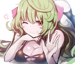 Rule 34 | 1girl, ;), absurdres, ahoge, ass, bad id, bad twitter id, bare arms, bare shoulders, bikini, black bikini, blurry, blurry background, blush, breasts, cleavage, closed mouth, commentary request, depth of field, green hair, hair between eyes, hair ribbon, hand up, heart, highres, large breasts, long hair, lying, on stomach, one eye closed, original, pink eyes, pink ribbon, ribbon, smile, solo, swimsuit, very long hair, wada kazu, white background