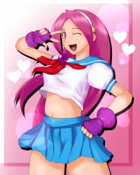 Rule 34 | 1girl, asamiya athena, blush, female focus, heart, highres, looking at viewer, numeko, open mouth, pink eyes, pink hair, smile, snk, solo, the king of fighters, upper body