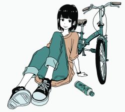 Rule 34 | 1girl, absurdres, aqua pants, arm support, bicycle, black eyes, black hair, bottle, bracelet, brown shirt, closed mouth, colored skin, commentary request, converse, flat color, full body, highres, hosoo, jewelry, original, pants, shirt, shoes, short hair, simple background, sitting, smile, sneakers, solo, white background, white skin