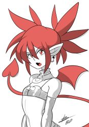 Rule 34 | 1girl, bat wings, bigdead, disgaea, earrings, elbow gloves, etna (disgaea), female focus, flat chest, gloves, highres, jewelry, makai senki disgaea, monochrome, pointy ears, red eyes, red hair, simple background, skull earrings, solo, spot color, tail, twintails, upper body, white background, wings
