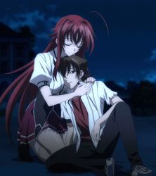 Rule 34 | 10s, 1boy, 1girl, breast smother, breasts, brown hair, hetero, high school dxd, highres, hyoudou issei, large breasts, long hair, red hair, rias gremory, school uniform, screencap, stitched, third-party edit