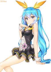 Rule 34 | 1girl, absurdres, bare arms, bare shoulders, black bow, blue eyes, blue hair, bow, breasts, commentary request, hair between eyes, hatsune miku, highres, long hair, low twintails, medium breasts, rachel bouvier, simple background, smile, solo, twintails, very long hair, vocaloid, white background, wrist cuffs