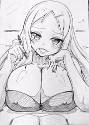 Rule 34 | 1girl, blush, book, breast rest, breasts, breasts on table, cleavage, covered erect nipples, crosshatching, female focus, greyscale, grin, hair ornament, hairclip, hatching (texture), head on hand, heart, highres, jin homuhomu, large breasts, long hair, looking at viewer, mole, mole under mouth, monochrome, open mouth, pen, senran kagura, shiki (senran kagura), shiny skin, smile, solo, traditional media, upper body, window