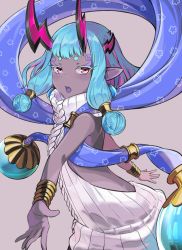 Rule 34 | 1girl, aqua hair, back, backless dress, backless outfit, bare shoulders, blush, bracelet, breasts, coffeekite, colored skin, dark-skinned female, dark skin, dress, eyeliner, fate/grand order, fate (series), highres, horns, ibuki douji (fate), ibuki douji (first ascension) (fate), jewelry, looking at viewer, makeup, meme attire, multicolored hair, navel, oni horns, open mouth, pink eyes, pink hair, pointy ears, ribbed dress, sash, short hair, sidelocks, small breasts, solo, sweater, sweater dress, turtleneck, turtleneck dress, virgin killer sweater, white dress