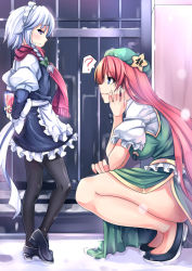 Rule 34 | 2girls, blue eyes, blush, bow, braid, china dress, chinese clothes, collarbone, dress, facing another, gift, green bow, hair bow, hat, hat bow, height difference, highres, hong meiling, izayoi sakuya, kinntarou, long hair, maid, maid headdress, multiple girls, pantyhose, purple eyes, red hair, sideways mouth, silver hair, squatting, tall female, touhou, twin braids, very long hair, yuri