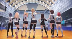 Rule 34 | 6+girls, absurdres, ahoge, ass, black socks, black thighhighs, blonde hair, blue hair, brown hair, clothes writing, gym shorts, highres, indoors, jersey, knee pads, long hair, multiple girls, original, pantyhose, pantylines, ponytail, red hair, shirt, shoes, short hair, shorts, sleeveless, sleeveless shirt, sneakers, socks, sportswear, stretching, thighhighs, twintails, vegetablenabe, volleyball net, volleyball uniform, white socks