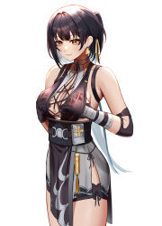 Rule 34 | 1girl, absurdres, anoreika tomoe, armpit crease, bare shoulders, belt pouch, black bow, black dress, black gloves, black hair, bow, breasts, cleavage, commentary, cowboy shot, dress, earrings, english commentary, female rover (wuthering waves), gloves, grabbing own breast, hair bow, hair intakes, hair ornament, hairclip, halterneck, hand under clothes, highres, jewelry, large breasts, looking down, medium hair, pelvic curtain, pouch, rover (wuthering waves), side slit, sidelocks, simple background, solo, thighs, white background, wuthering waves, yellow bow, yellow eyes