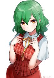 Rule 34 | 1girl, breasts, commentary request, cowboy shot, green hair, hair between eyes, hands on own chest, kazami yuuka, kuroda (chokobo 314), looking at viewer, looking up, medium breasts, one-hour drawing challenge, open mouth, parted lips, plaid, plaid vest, red eyes, red skirt, red vest, shirt, short hair, short sleeves, simple background, skirt, solo, touhou, twitter username, vest, white background, white shirt, yellow neckwear