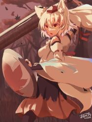 Rule 34 | 1girl, animal ear fluff, animal ears, bare tree, black skirt, breasts, dated, detached sleeves, fang, highres, holding, holding shield, holding sword, holding weapon, inubashiri momiji, leaf print, looking at viewer, maple leaf print, medium breasts, open mouth, otomen maru-no-uchi, outdoors, red eyes, red headwear, red skirt, shield, shirt, signature, skin fang, skirt, solo, sword, touhou, tree, two-tone skirt, weapon, white shirt, wide sleeves, wolf ears, wolf girl