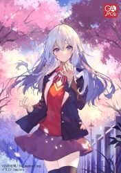 Rule 34 | ahoge, black bow, black thighhighs, blazer, blue eyes, bow, braid, brown footwear, cherry blossoms, closed mouth, collar, copyright notice, elaina (majo no tabitabi), full body, grey hair, hand up, jacket, long hair, long sleeves, looking at viewer, majo no tabitabi, majo no tabitabi: gakuen, necomi, official art, open clothes, open jacket, pleated skirt, red shirt, school uniform, shirt, shoes, single braid, skirt, smile, thighhighs, thighs, tree, white collar, zettai ryouiki