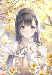 Rule 34 | 1girl, arm up, black eyes, black hair, black hairband, black ribbon, blush, branch, brown dress, closed mouth, commentary, cuna (qunya), day, dress, finger to mouth, hairband, highres, index finger raised, light rays, long hair, long sleeves, looking at viewer, mole, mole under eye, neck ribbon, original, outdoors, pinafore dress, plaid, plaid dress, ribbon, shushing, sleeveless dress, smile, solo, straight hair, sunbeam, sunlight, sweater, symbol-only commentary, tree, upper body, white sweater