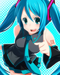 Rule 34 | 1girl, aqua hair, bare shoulders, black skirt, breasts, detached sleeves, female focus, green eyes, halftone, halftone background, hatsune miku, highres, laco soregashi, long hair, miniskirt, necktie, open mouth, pleated skirt, skirt, solo, striped clothes, striped skirt, twintails, vocaloid, white background